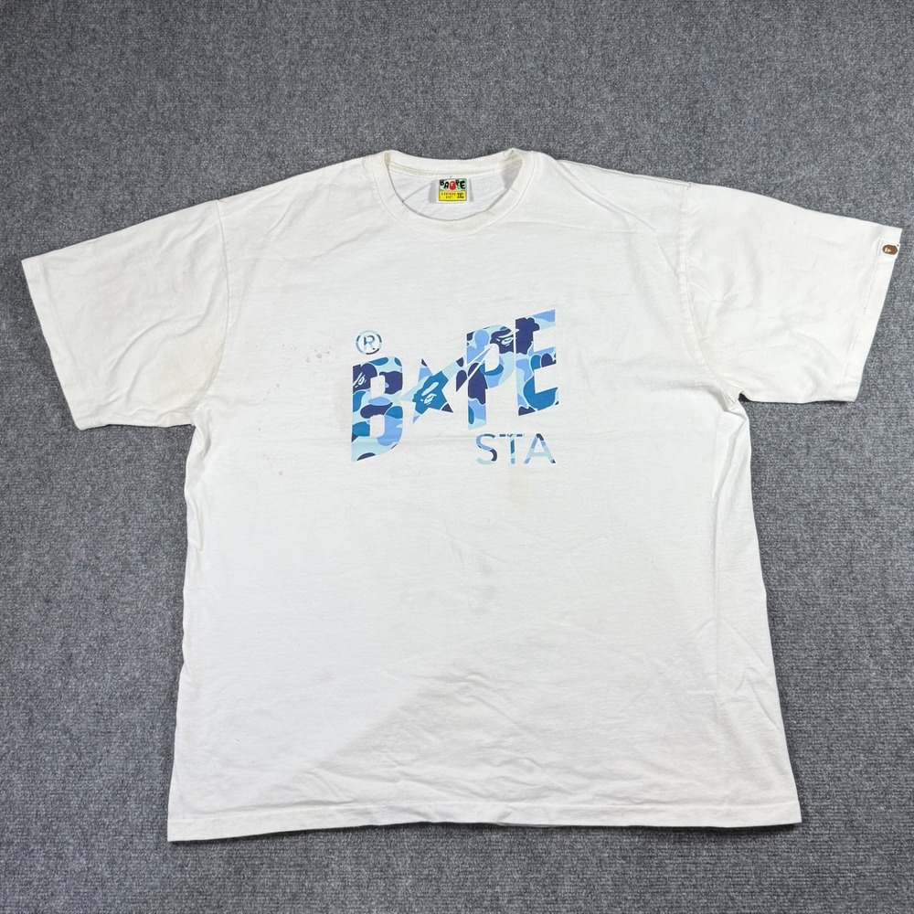 A Bathing Ape T Shirt Bape Sta Blue Camo Logo Print Men 3XL White Stained #3809